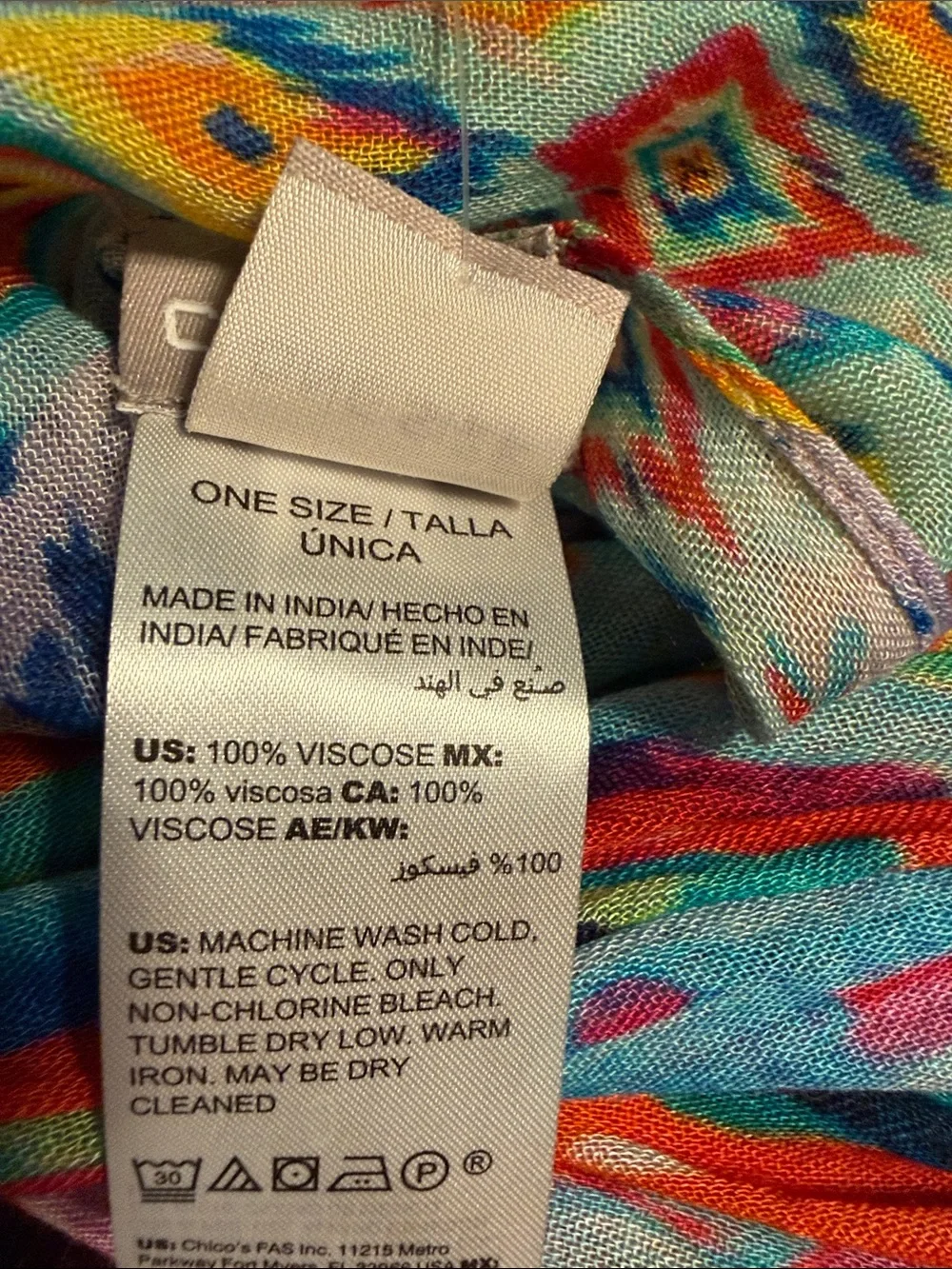 Chico’s Lightweight Multicolor Patterned Scarf - Pink, Orange, Blue, Purple